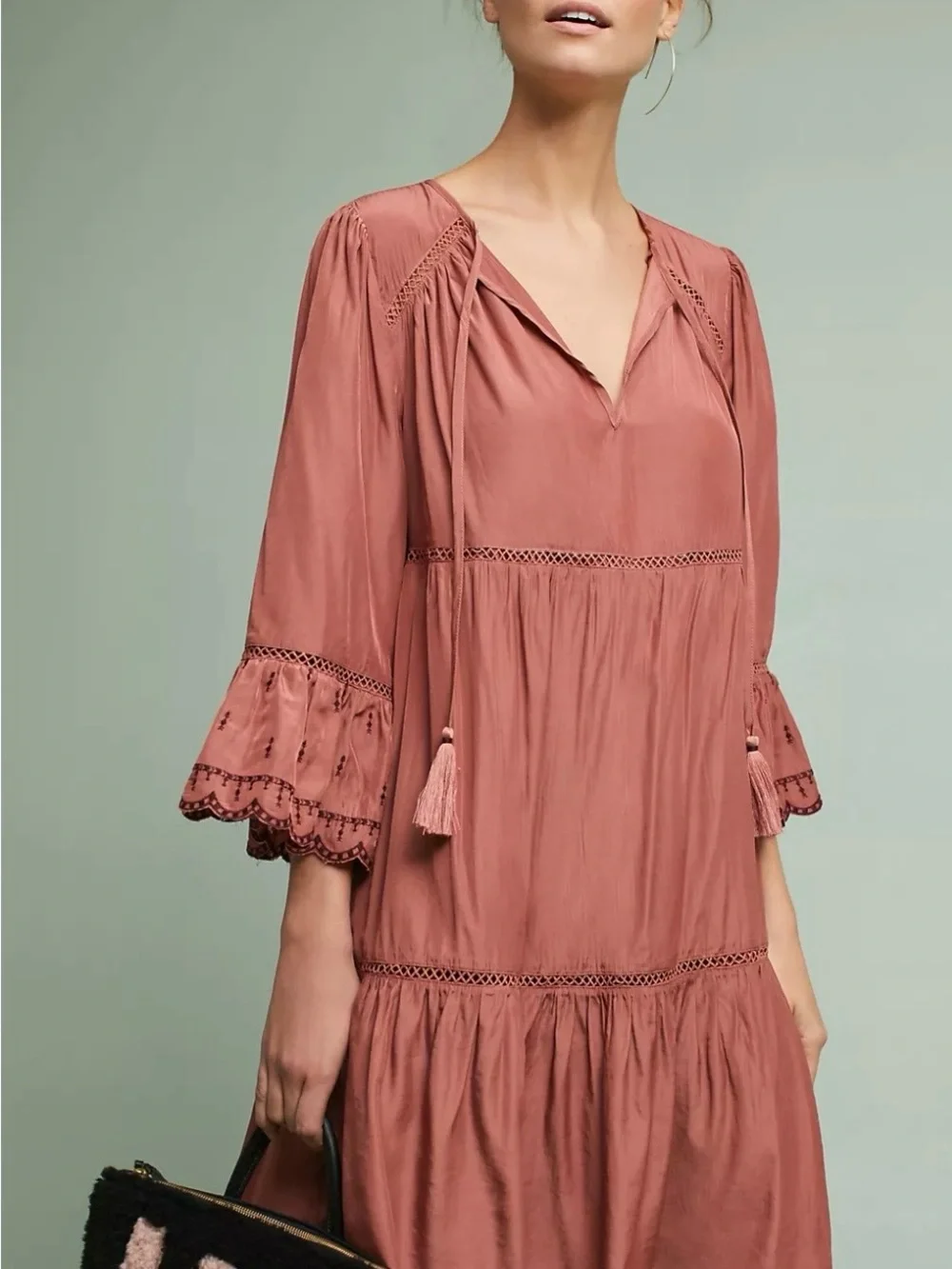 NWT Moon River Anthropologie Pink Mini Tunic Dress Med Boho Bell Sleeve Cottage - Picture 2 of 13